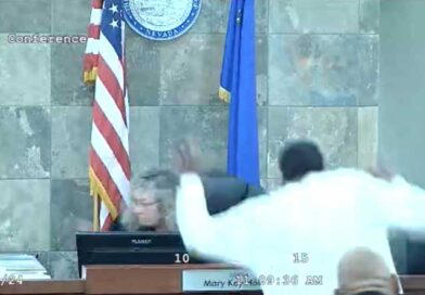 Defendant's attack on Nevada judge during sentencing sparks chaos in a Vegas courtroom scene. Court officials and attorneys engage in a bloody brawl.