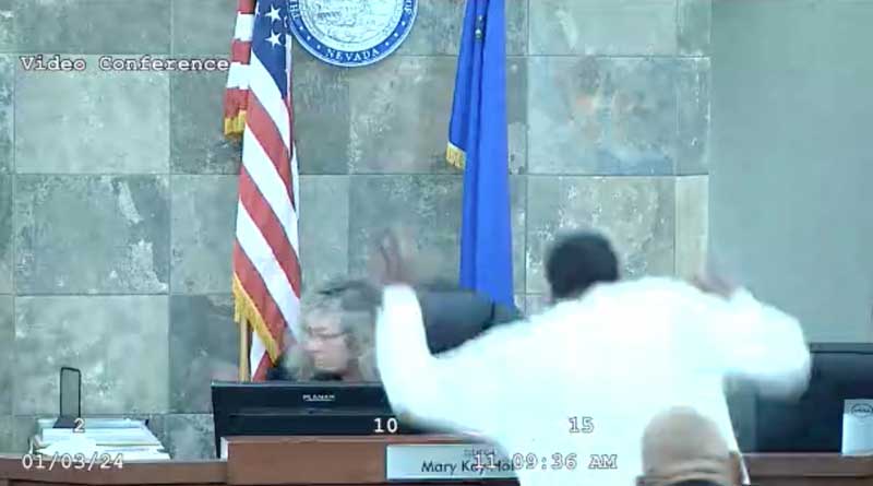 Defendant's attack on Nevada judge during sentencing sparks chaos in a Vegas courtroom scene. Court officials and attorneys engage in a bloody brawl.